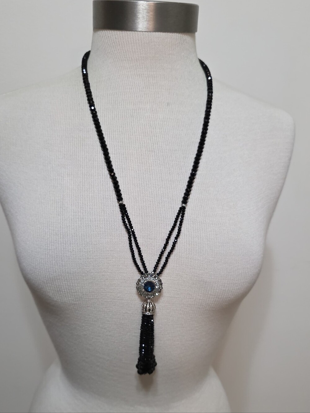 Crystal Tassel Necklace Blue Crystal 24" Long